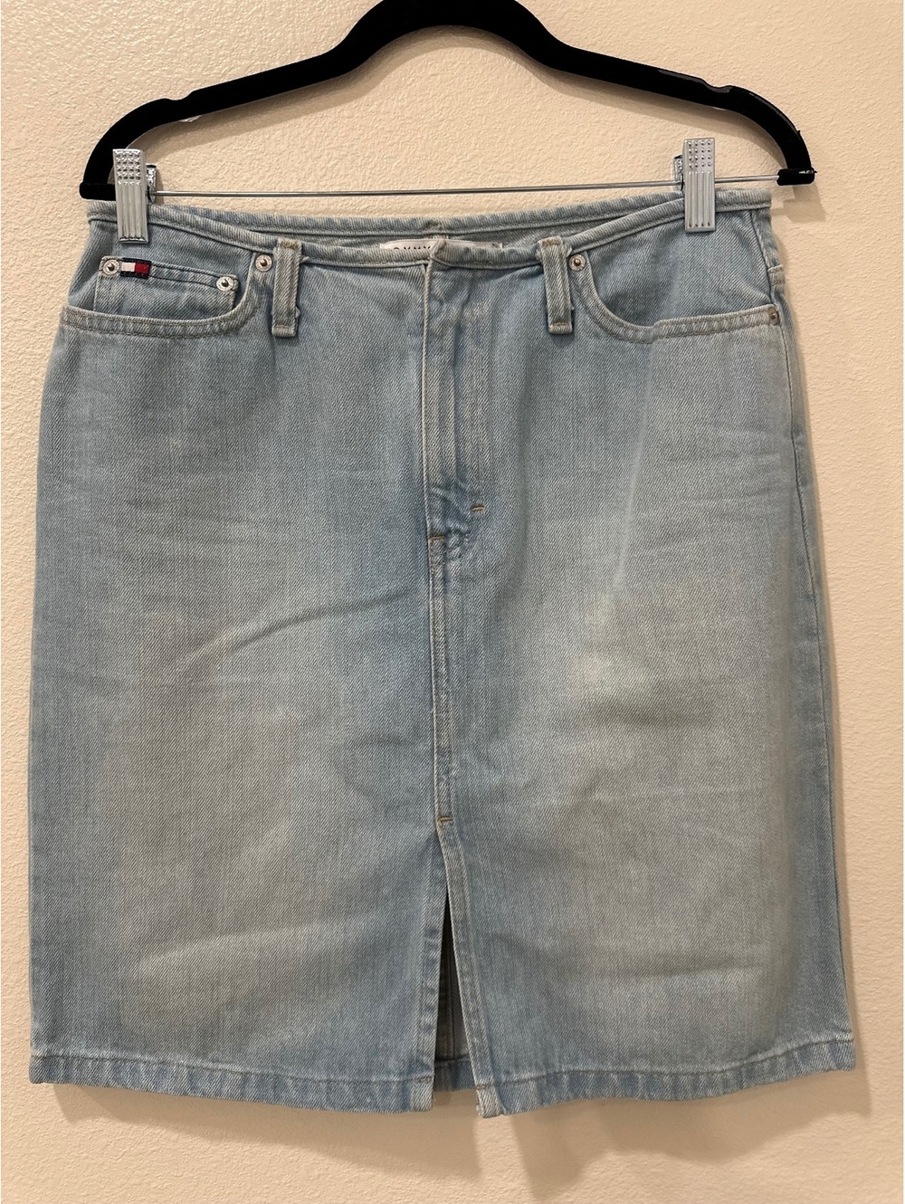 Vintage Tommy Hilfiger Light Wash Denim Skirt with Front Slit and Back Pockets